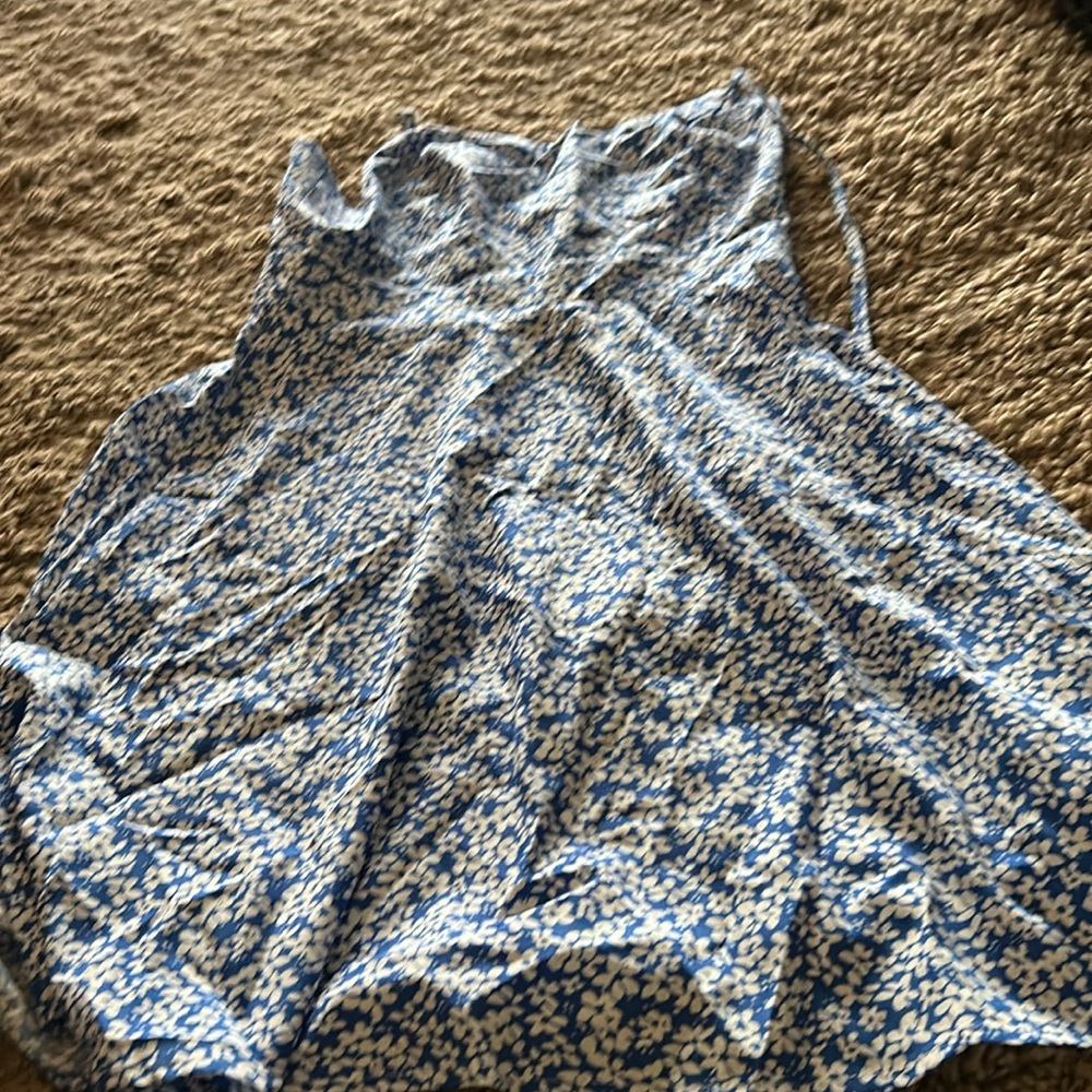 Cute blue & white sundress. Over shoulder straps, crisscross straps in back